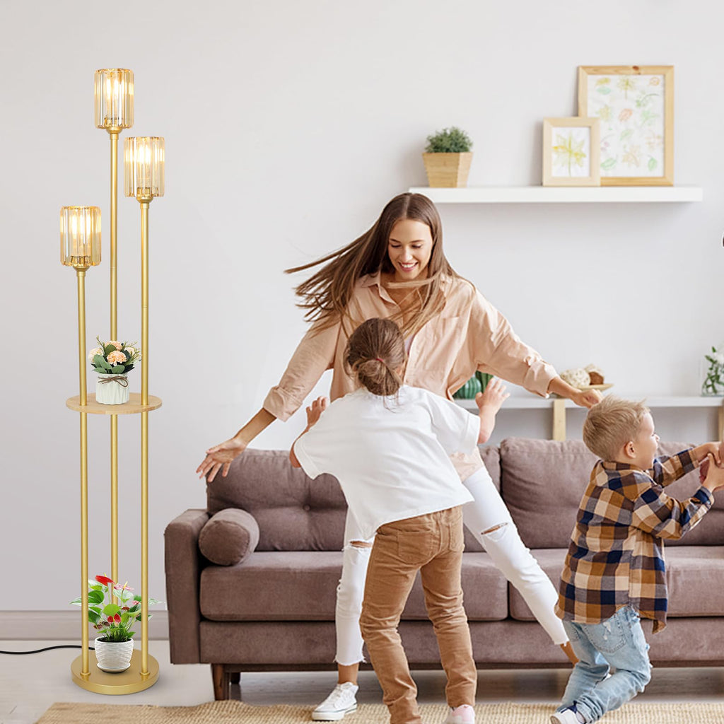 HMVPL Gold Floor Lamps for Living Room, Modern Floor Lamp with Shelves, Crystal Standing Lamps with Table, Brass Tall Lamp with Crystal Shade, On/Off Switch, Mid Century Corner Floor Lamp for Bedroom