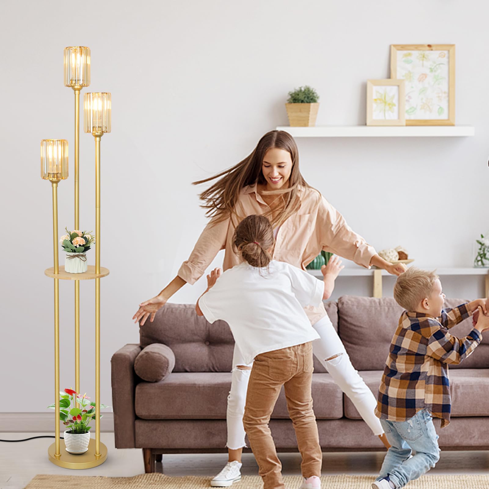 HMVPL Gold Floor Lamps for Living Room, Modern Floor Lamp with Shelves, Crystal Standing Lamps with Table, Brass Tall Lamp with Crystal Shade, On/Off Switch, Mid Century Corner Floor Lamp for Bedroom