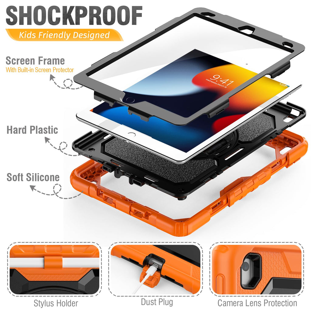 HXCASEAC Case for iPad 9th/8th/7th Generation 10.2 inch, with Pencil Holder, Screen Protector, Hand Strap, Heavy Duty Protective for iPad 9/8/7 Case 10.2-inch 2021/2020/2019, Orange