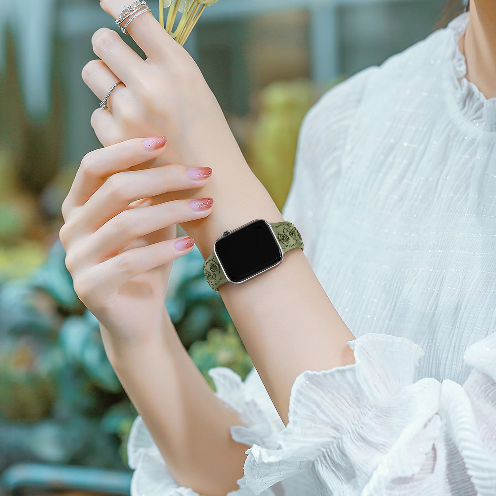 Floral Engraved Band Compatible with Apple Watch Band 40mm 41mm 38mm 42mm 44mm 45mm 46mm 49mm Women, Soft Silicone Cute Embossed Flower Strap for iWatch Band Series SE Ultra 11 10 9 8 7 6 5 4 3 2 1