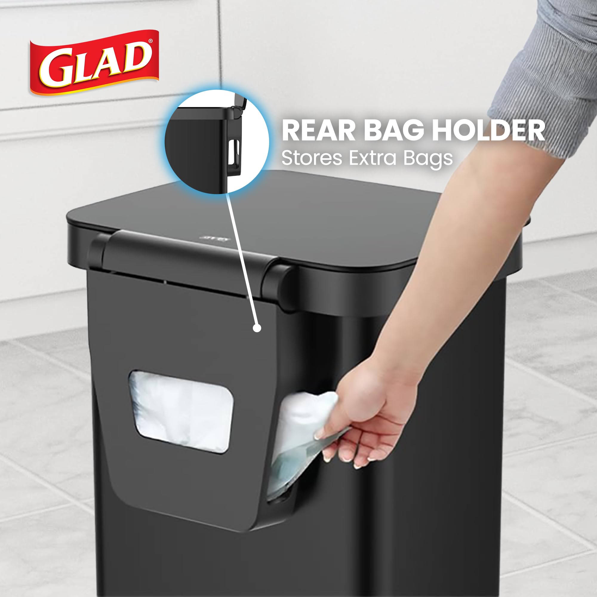 Glad 13 Gallon All Brushed Stainless Steel Trash Can with Clorox Odor Protection | Large Metal Kitchen Garbage Bin with Soft Close Lid, Garbage Bag Rings, Step On Foot Pedal and Waste Bag Roll Holder