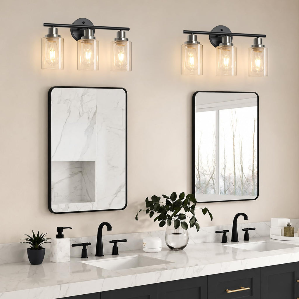 Unicozin 2 Pack Modern Bathroom Light Fixtures, 3 Light Vanity Lights, Black Wall Lamp with Clear Glass for Bathroom, Mirror, Living Room, Bedroom, Hallway, E26 Base