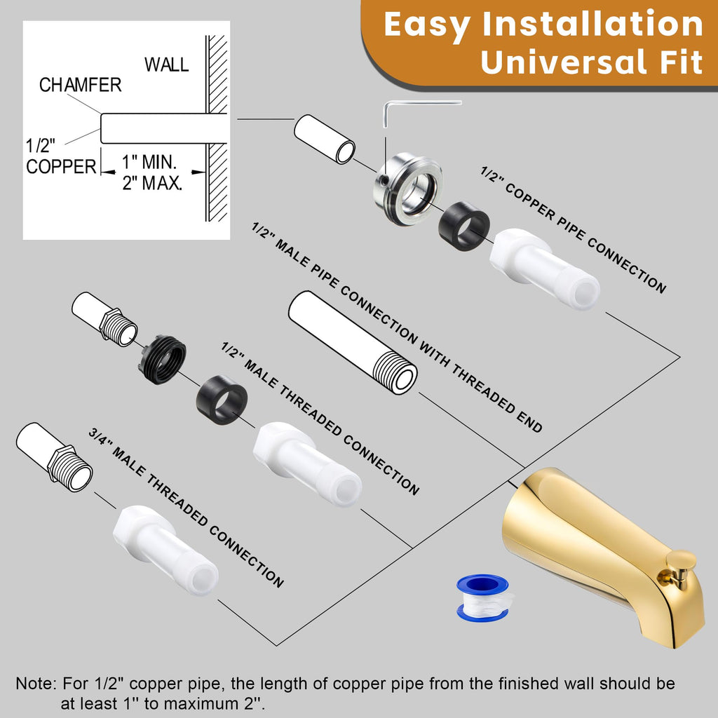 Dreyoo Tub Spout (Universal Fits 1/2" Copper Pipe, 1/2" IPS and 3/4" IPS), Bathroom Bathtub Faucet with Adapters and Hex Wrench(Brushed Nickel,Simple)