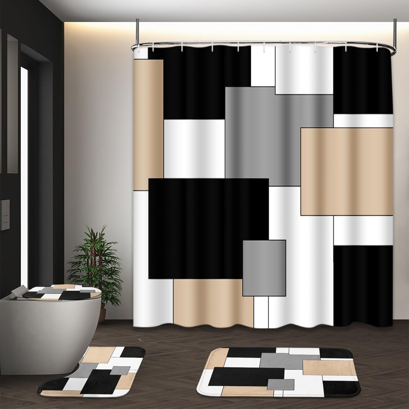 Beige Geometric Shower Curtain Set with Toilet Lid Cover and Non-Slip Rugs for Bathroom, Black Grey White Checkered 4 Pcs Shower Curtain, Modern Abstract Bathroom Set with 12 Hooks