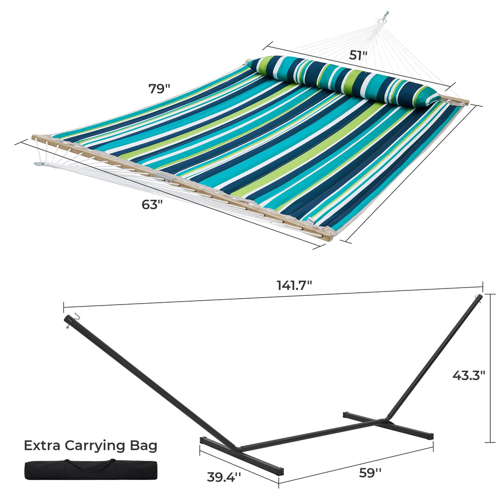SUPERJARE Hammock with Stand, 2 Person Quilted Outdoor Hammock, Detachable Pillow & Bamboo Spreaders, Portable Hammock with Carrying Bag, Heavy Duty Stand, Perfect for Outside, Patio, Aqua Blue