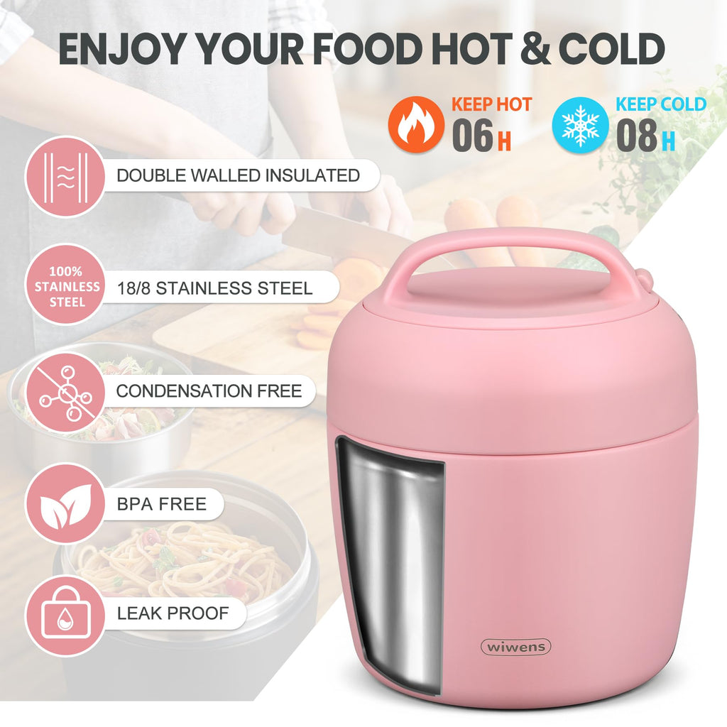 wiwens Thermo Food Jar for Hot Food Adults 32OZ Soup Thermo Lunch Containers Wide Mouth Vacuum Insulated Stainless Steel Leakproof Bento Box with Spoon (Beige)