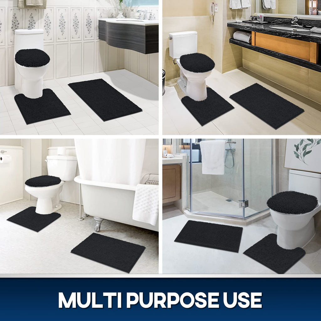 TREETONE Chenille Bath Mat 3 Pieces Bathroom Rugs Set, 20x20 Inches U-Shape Contoured Toilet Mat & 20x32 Inches Rug & Lid Cover,Water Absorbent Plush Rugs for Tub Shower & Bath Room -Beige