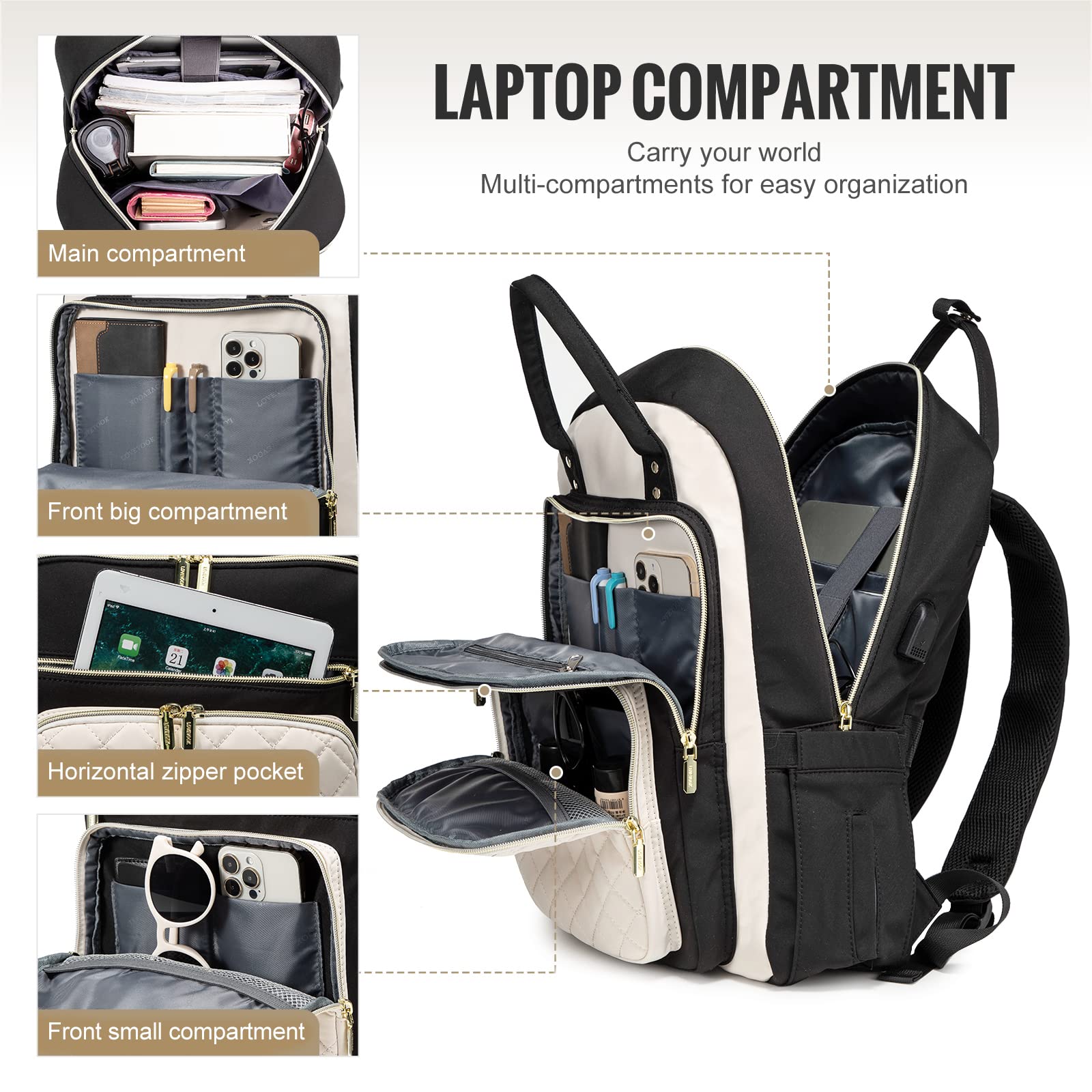 LOVEVOOK Laptop Backpack for Women, Water Resistant Travel Work Backpacks Purse College Business Teacher Nurse Computer bag with USB Charging Port
