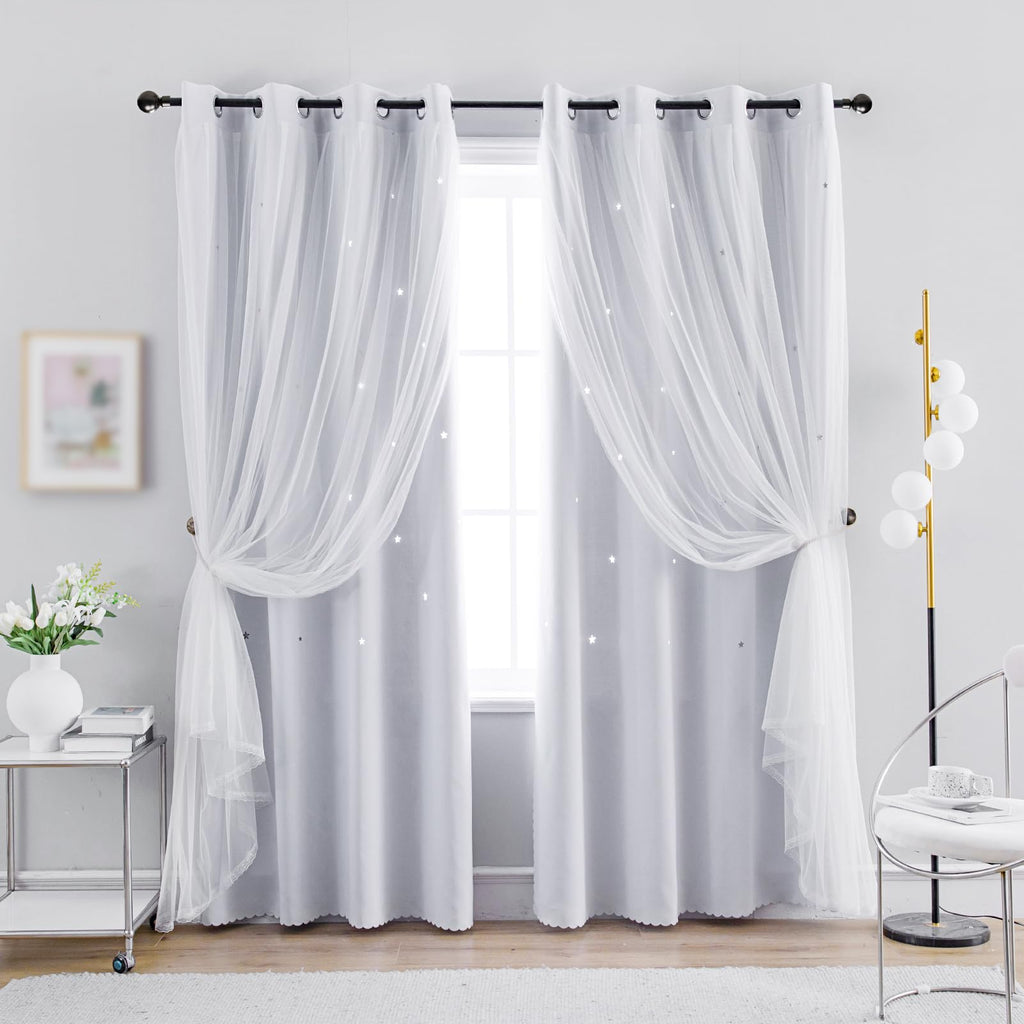 Anytime Star Cut-Out Blackout Curtains for Bedroom 2 Panels,2-Layers Mix Design of Fabric & Tulle,Pretty Pure Color Window Curtain for Kids Room(W35 x L45,LPink)