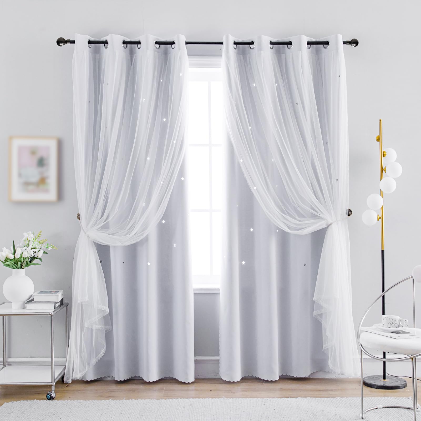 Anytime Star Cut-Out Blackout Curtains for Bedroom 2 Panels,2-Layers Mix Design of Fabric & Tulle,Pretty Pure Color Window Curtain for Kids Room(W35 x L45,LPink)