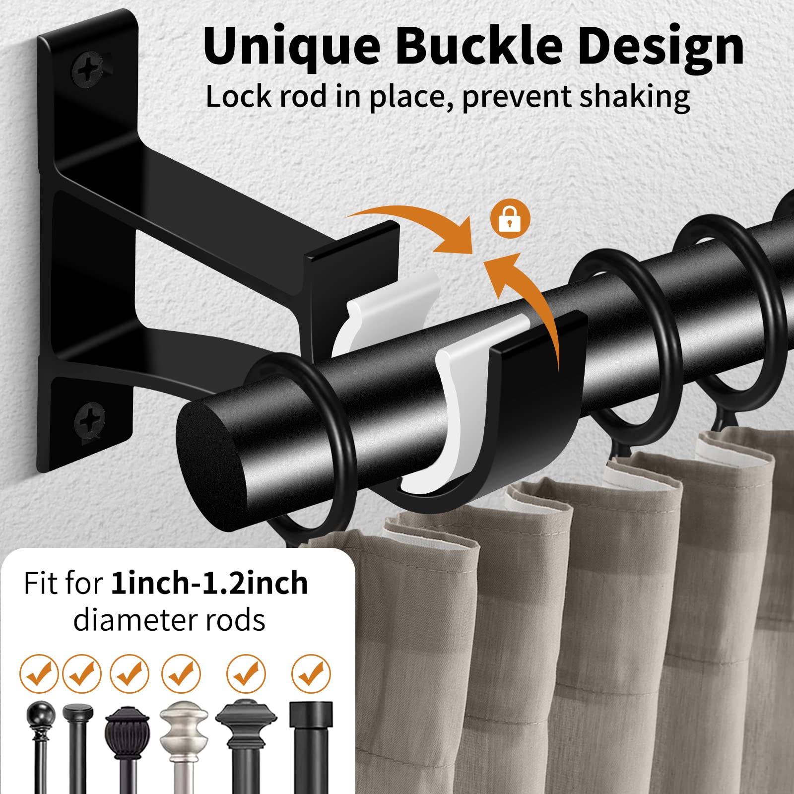 KOLAKO Curtain Rod Brackets, Heavy Duty Black Curtain Rods Holders Hook Hangers for Wall Drapery Rod Bracket Support 1 Inch Rods, 2 Pack
