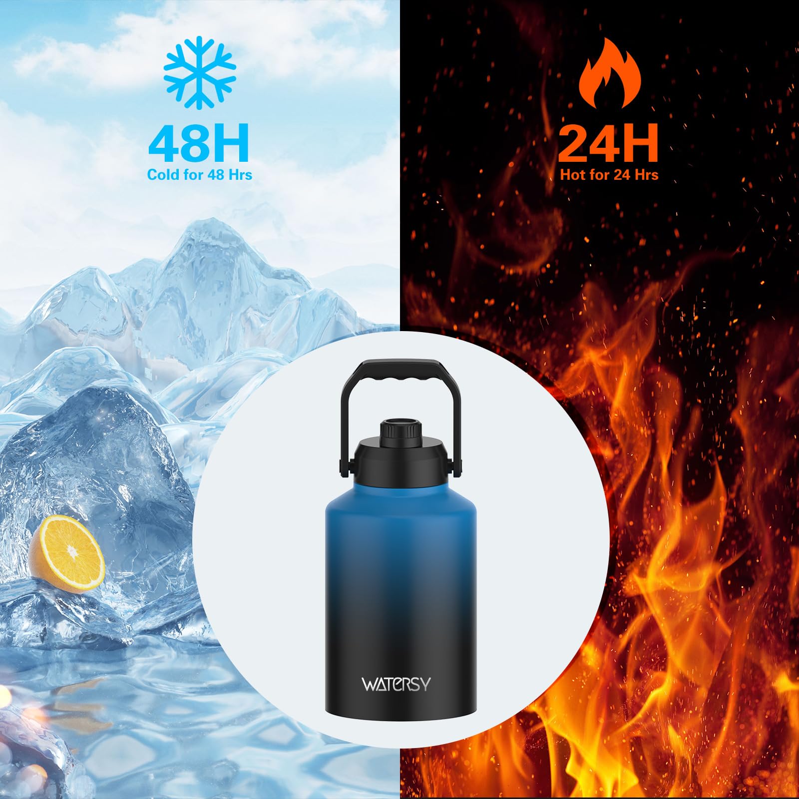 WATERSY Half Gallon Water Bottle Insulated(Cold for 48 Hrs),BPA Free&Leak Proof,64oz Stainless Steel Water Jug/Flask,Big thermo,Large Water Bottle with Handle for Gym,Hiking,Camping,Black