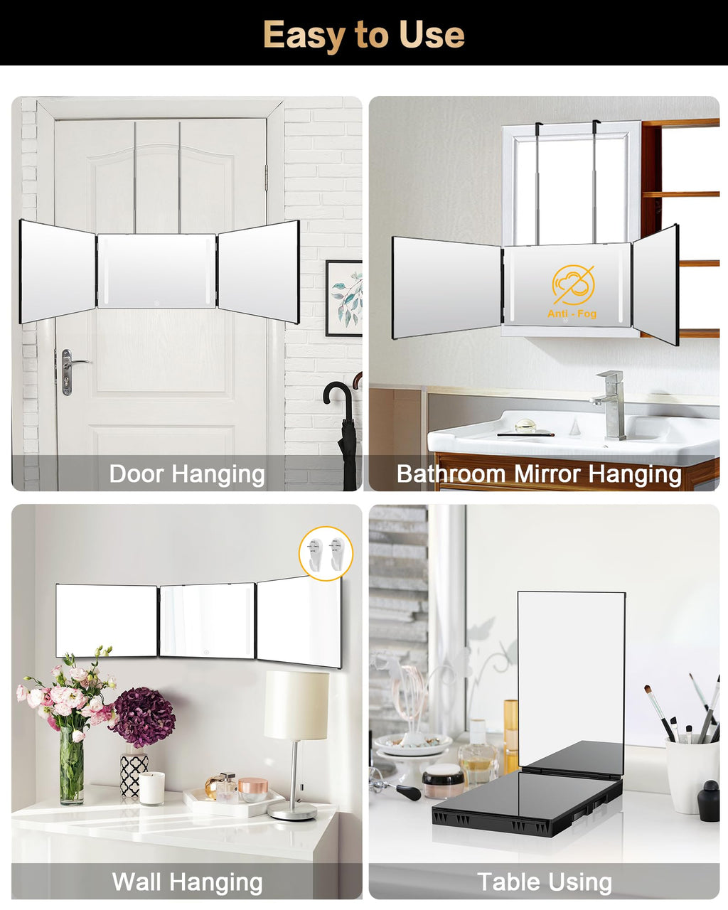 JUSRON 360 Viewing Angle Self Hair Cutting Mirror, Clear Anti-Fog HD Glass, USB Rechargeable, Easy to Use, Height Adjustable, Portable, Good Choice for Gifts