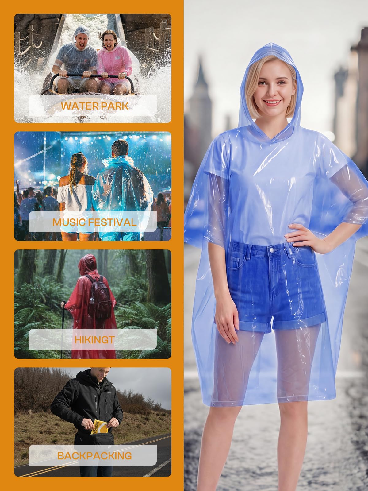 SaphiRose Disposable Rain Ponchos for Adults, 4 Pack Family Pack Clear Emergency Hooded Raincoat for Travel Camping