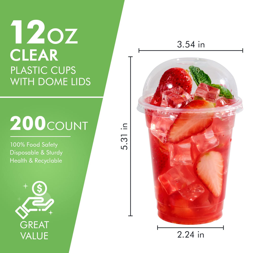 FOCUSLINE 200 PACK 12oz Clear Plastic Cups, Disposable Cold Drinking Cups, 12 Ounce Clear Cups with Dome Lids with Holes for Smoothie, Milkshake, Bubble Tea, Parfait