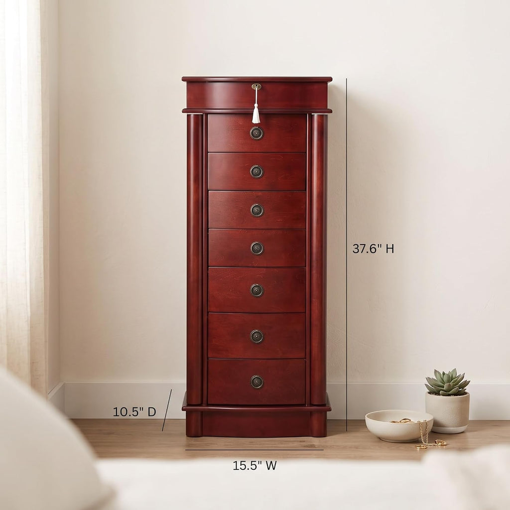 Hives and Honey Nora Jewelry Armoire Cabinet with Mirror – 7 Drawers, Locking Top, Necklace Hooks, Anti-Tarnish Felt – Traditional Standing Jewelry Organizer for Women, Cherry