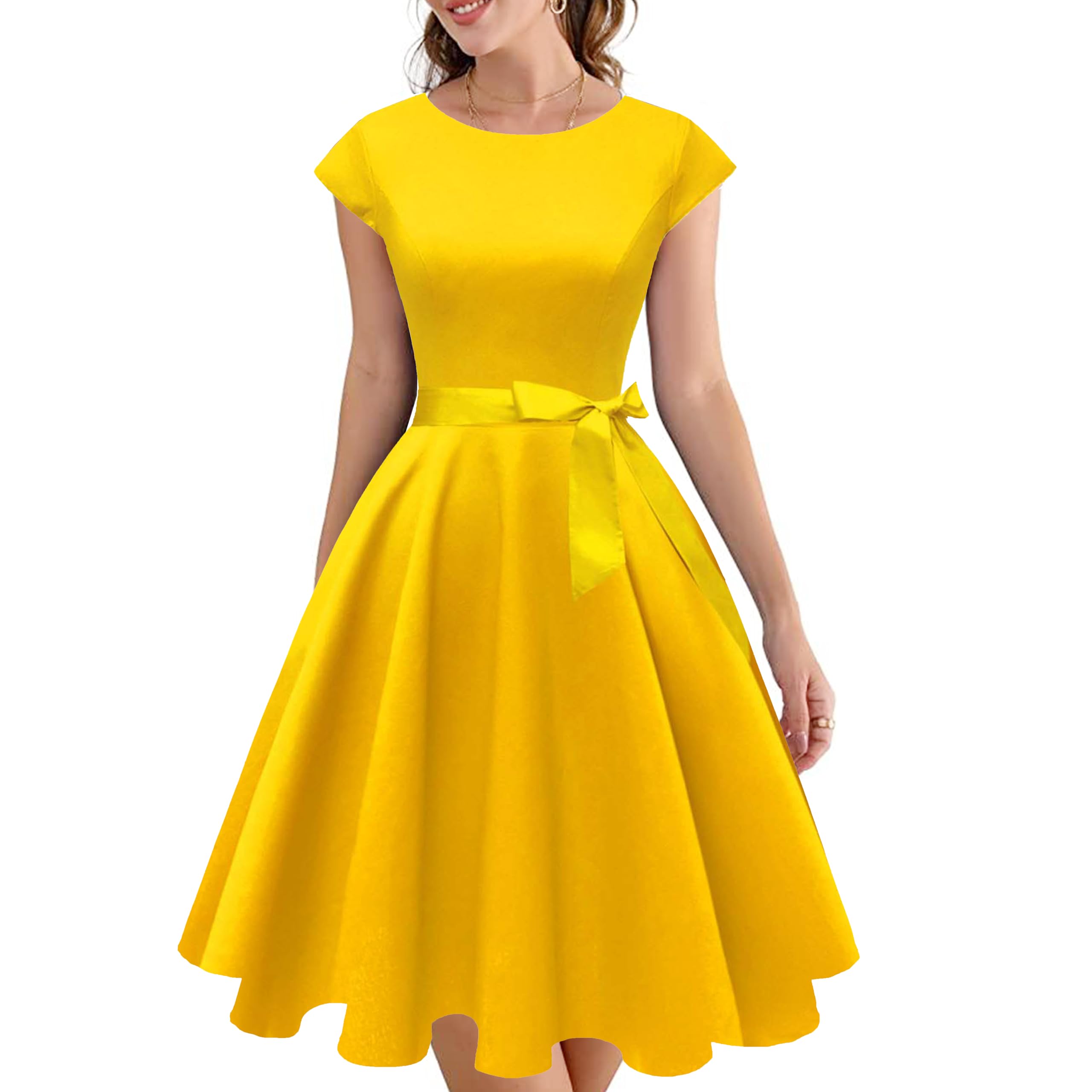 PUKAVT Women's 1950 Boatneck Cap Sleeve Vintage Swing Cocktail Party Dress with Pockets
