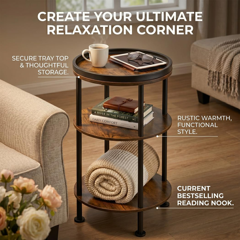 Small Round Side Table with Charging Station for Small Spaces, 3-Tier Accent Table with USB Ports & Power Outlets, Sofa Corner Tea Table for Living Room Nightstand Bedroom Apartment (Black)
