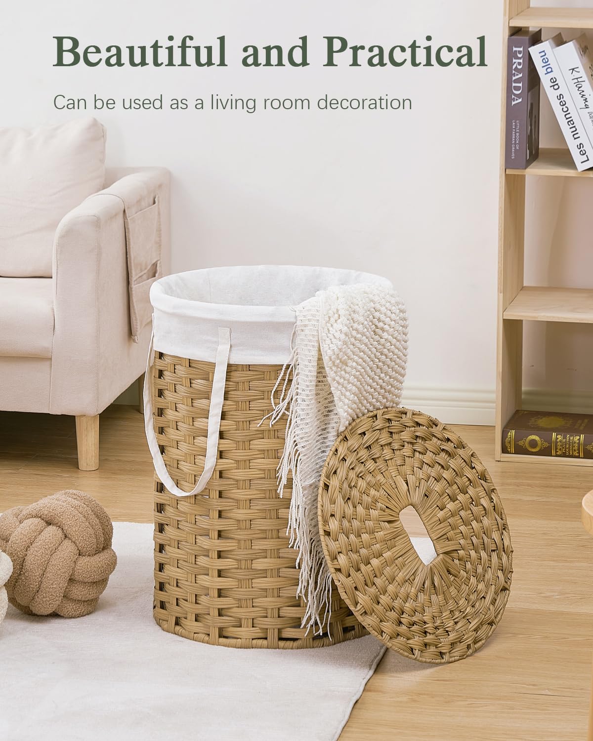 SETVSON Laundry Hamper with Lid Laundry Basket with Lid 19.0 Gal (72 L) Round Wicker Laundry Basket Handwoven Rattan Basket with Lid Removable Bag 2 Mesh Bags Handles for Living Room Bathroom Black
