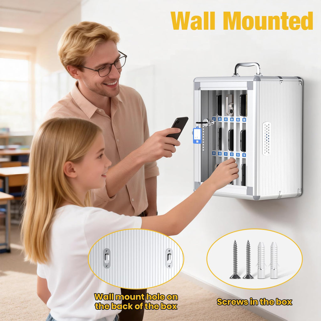 Glosen Cell Phone Locker 24 Slots, Portable Phone Storage Cabinet [Wall Mounted] [Silver 24 Slots-Universal Key ] Aluminum Alloy Cellphone Lock Box with Key & Handle for School Classroom Office Exam