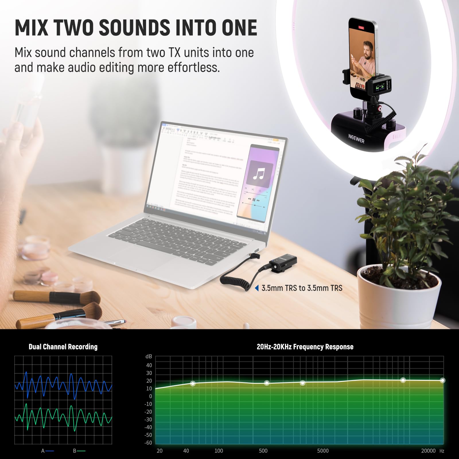 NEEWER CM28 Wireless Lavalier Microphone System, 1 Click Noise Canceling, 4GB Storage for 9Hrs of 48KHz 16 Bit Uncompressed Audio, Lapel Mic Compatible with iPhone/Android/PC/Camera/iPad