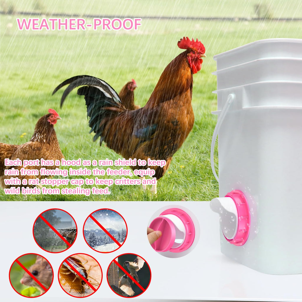 Chicken Feeder Port, 6 Pack Chicken Feeders No Waste with 6 Lids 1 Drill Bit, DIY Automatic Poultry Feeder Cups Kit, Chicken Bucket Feeder for Barrels (White)