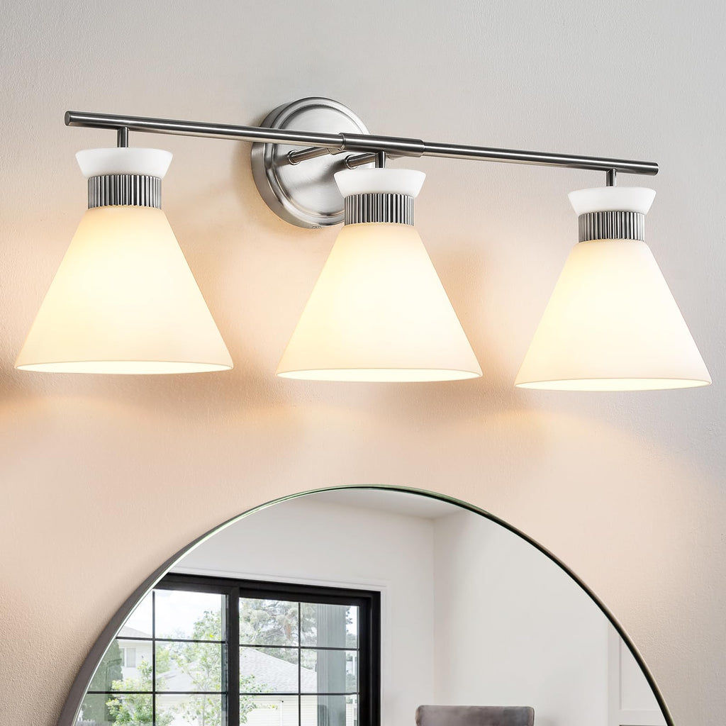 WOSHITU Gold Bathroom Light Fixtures: Modern Vanity Lighting Fixtures 2 Lights for Bathroom Mid Century Vanity Light Sconces Over Mirror with Frosted Milky Glass for Bath Bedroom Makeup