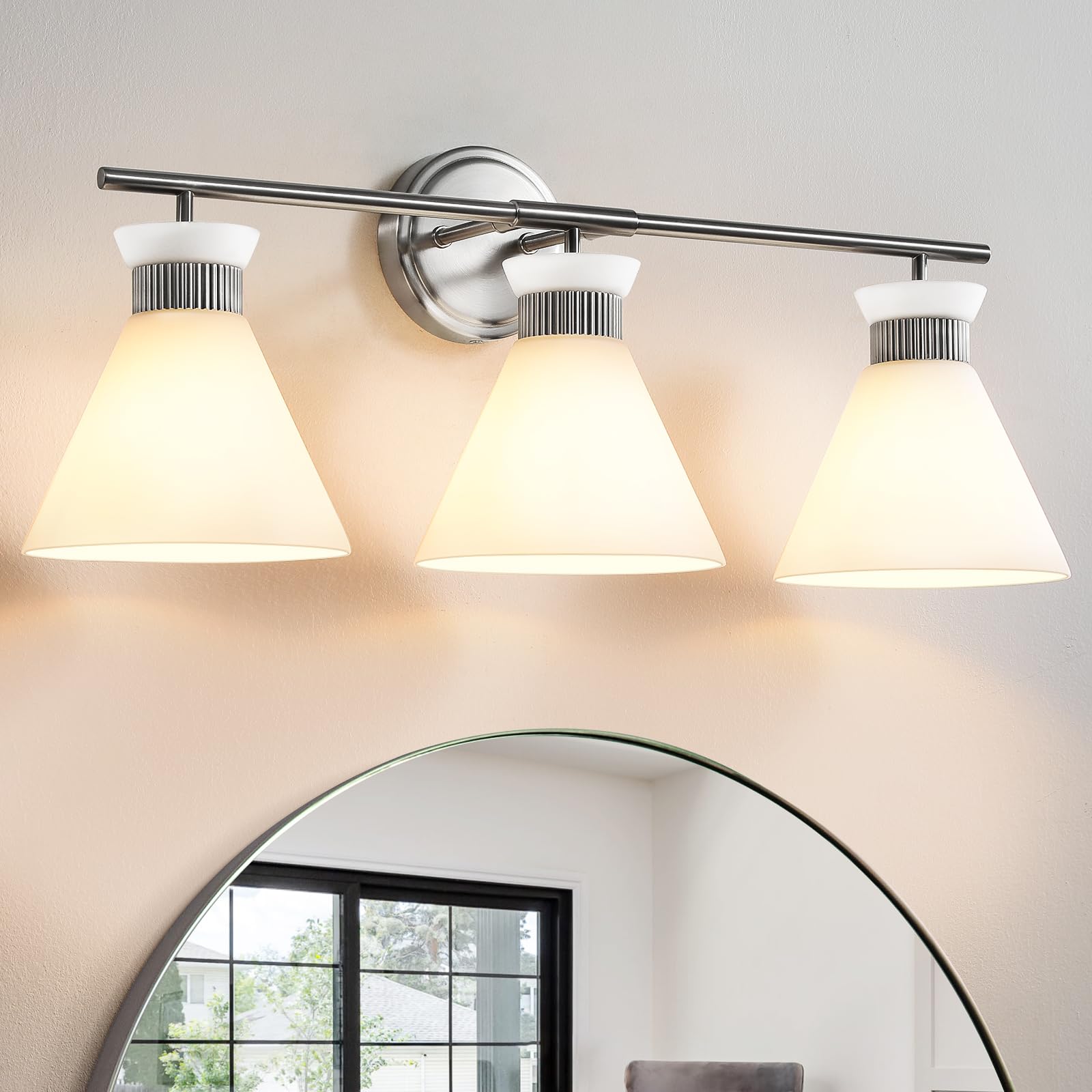 WOSHITU Gold Bathroom Light Fixtures: Modern Vanity Lighting Fixtures 2 Lights for Bathroom Mid Century Vanity Light Sconces Over Mirror with Frosted Milky Glass for Bath Bedroom Makeup