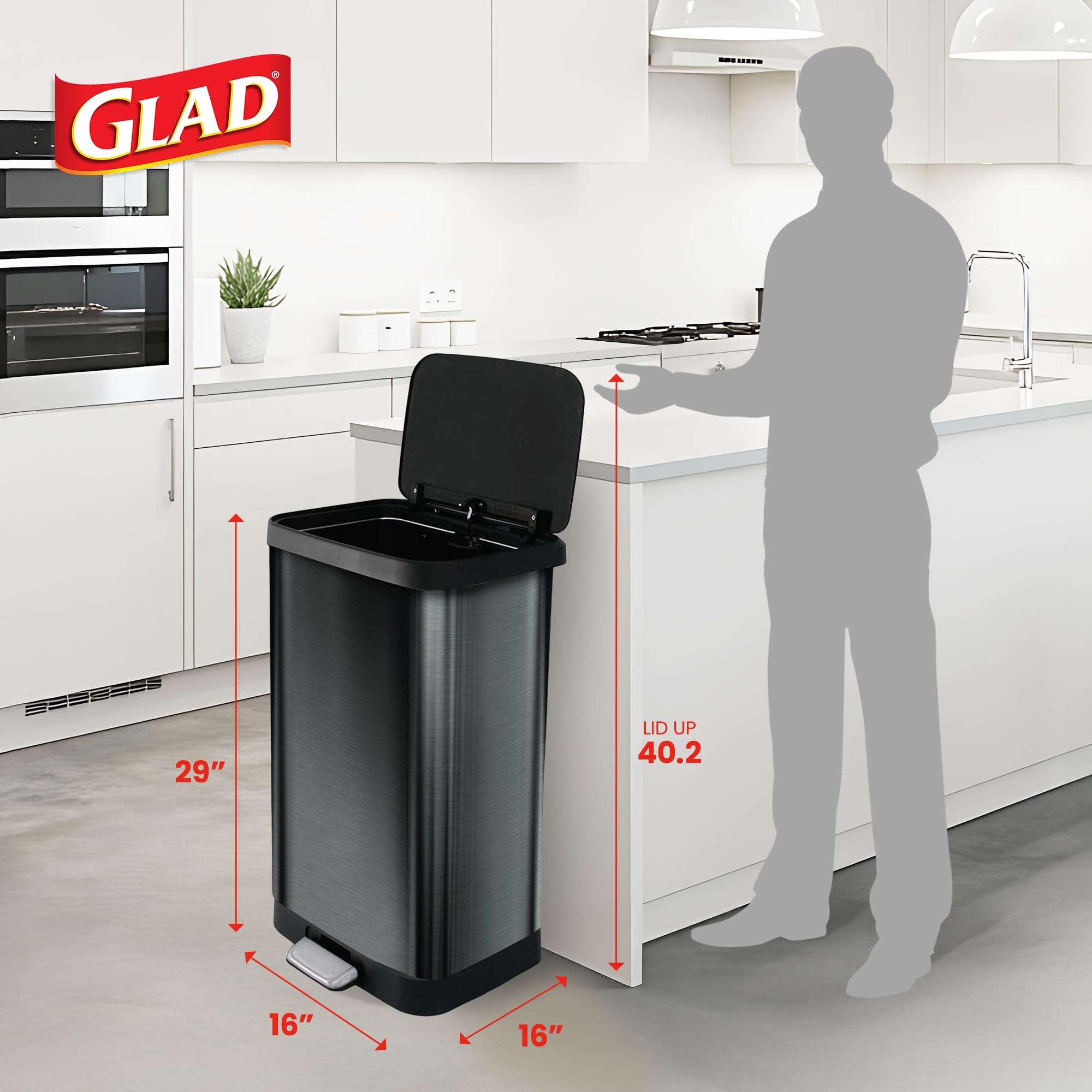 Glad 13 Gallon All Brushed Stainless Steel Trash Can with Clorox Odor Protection | Large Metal Kitchen Garbage Bin with Soft Close Lid, Garbage Bag Rings, Step On Foot Pedal and Waste Bag Roll Holder
