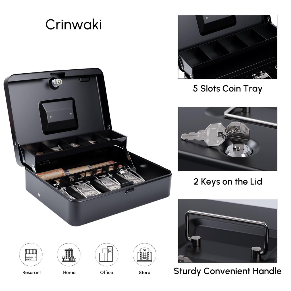 Cash Box with Money Tray and Key Lock, Saving Lock Box with Money Tray Storage for Cash Register 11.8"x9.45"x3.54" Black XL Large