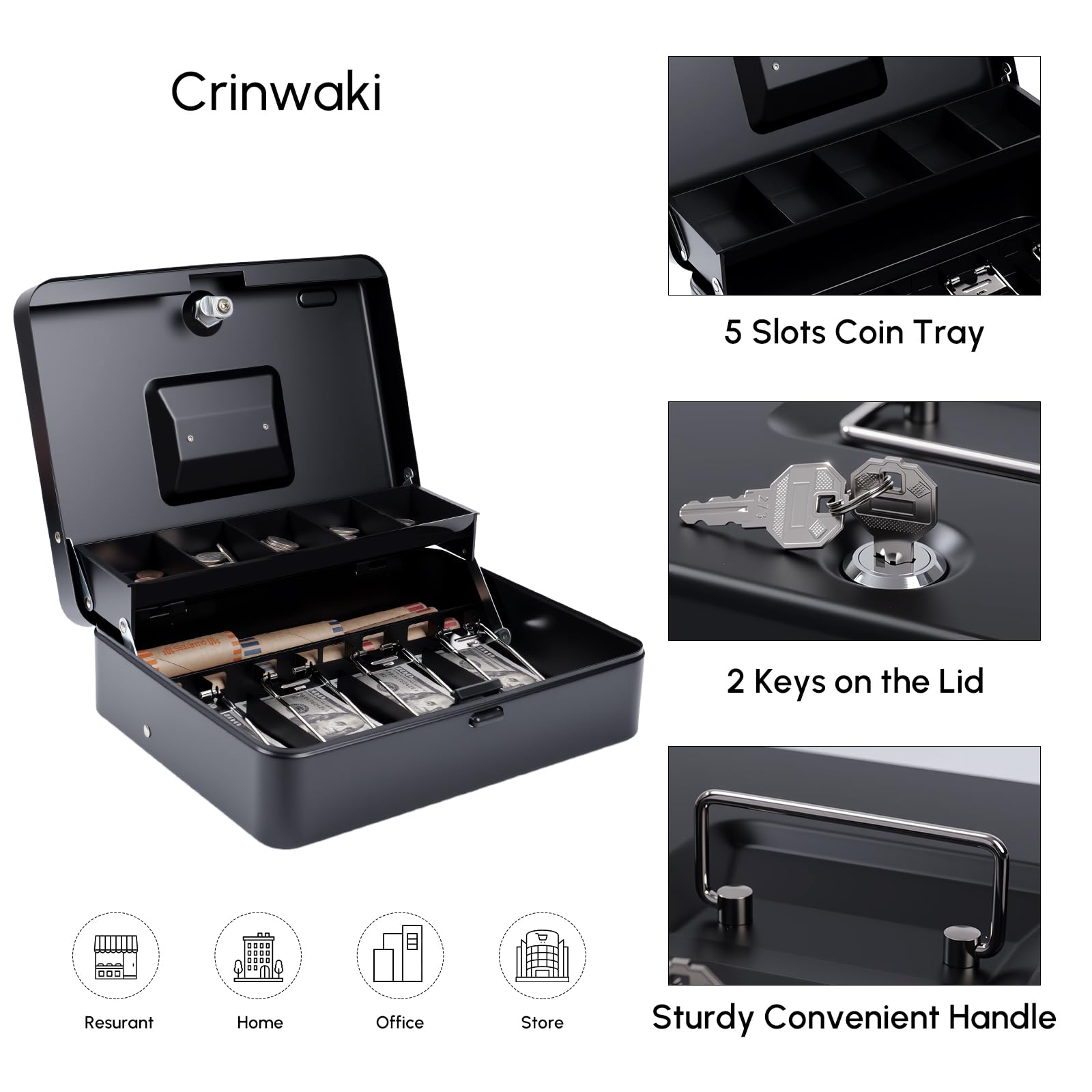 Cash Box with Money Tray and Key Lock, Saving Lock Box with Money Tray Storage for Cash Register 11.8"x9.45"x3.54" Black XL Large