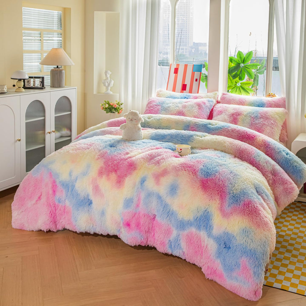 Faux Fur Kids Girls Purple Rainbow Comforter Sets Twin/Full - 3PC Bed Set Warm Comfortable Soft Plush Flannel Velvet Fluffy Fuzzy Bedding（Comforter x 1 Pillowcases x 2）