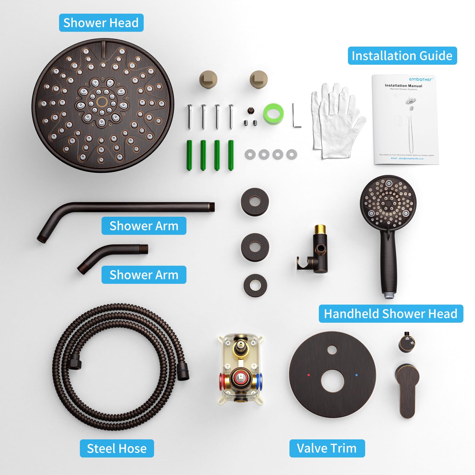 EMBATHER Shower Faucets Sets Complete, with 3 Setting High Pressure Shower Head Combo, Bathroom Wall Mounted Rainfall Shower System Fixtures with 8-Mode Handheld Spray, Brushed Nickel