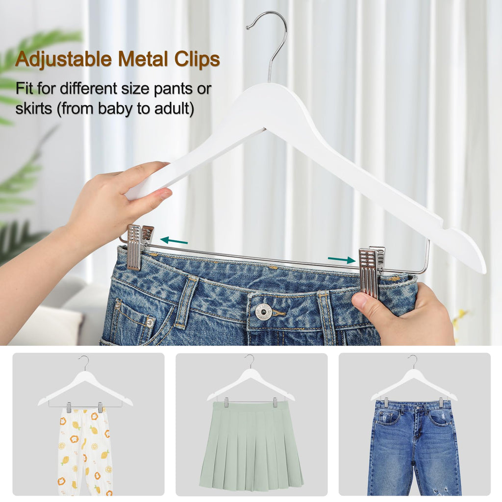 TOPIA HANGER Wooden Suit Hangers with Adjustable Metal Clips (10 Pack), Solid Wood Clothes Hangers, 360° Swivel Hook, Premium Retro Finish Pants Hangers for Clothes Coat, Jeans, Blouse-CT28A