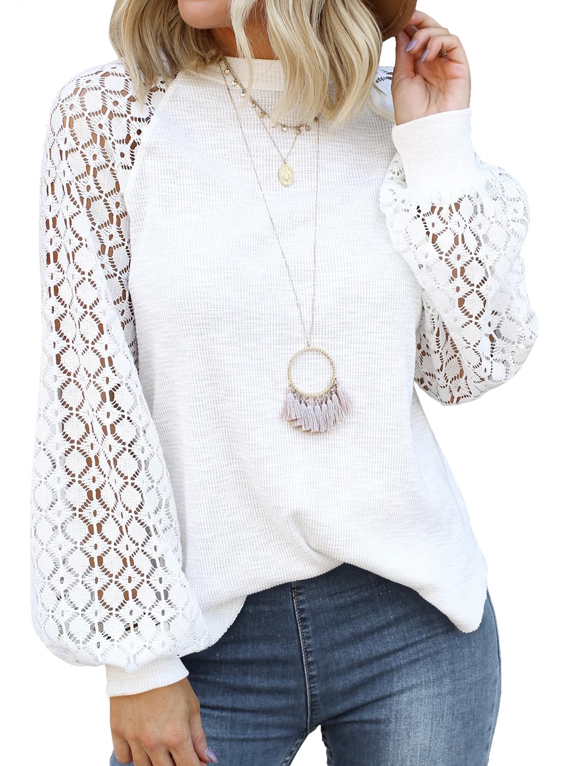 MIHOLL Women's Long Sleeve Tops Lace Casual Loose Blouses Shirts Dressy Outfits