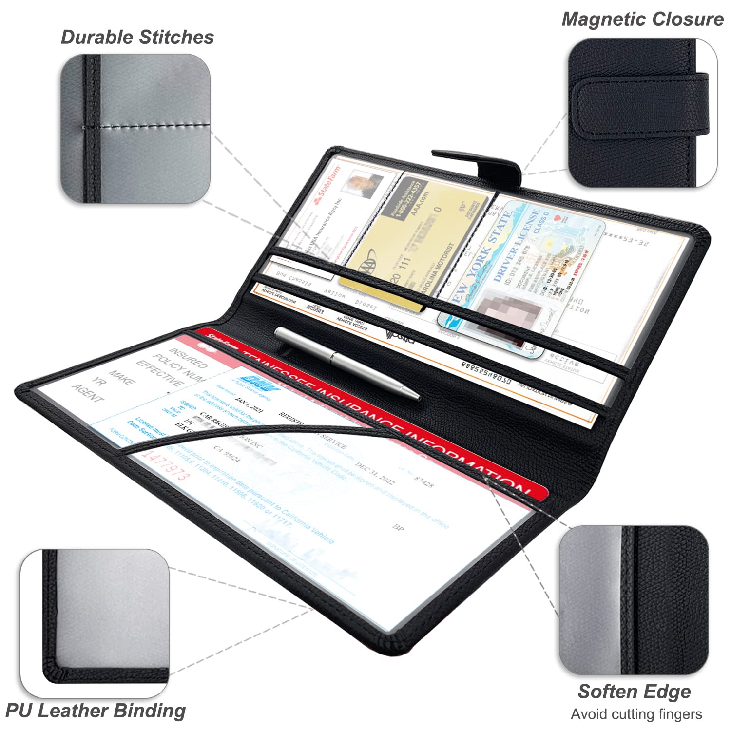 RSAquar Car Registration and Insurance Holder, Vehicle Glove Box Organizer Cool Car Accessories, Auto Truck Document Holder for Cards, Driver License, Black Glitter