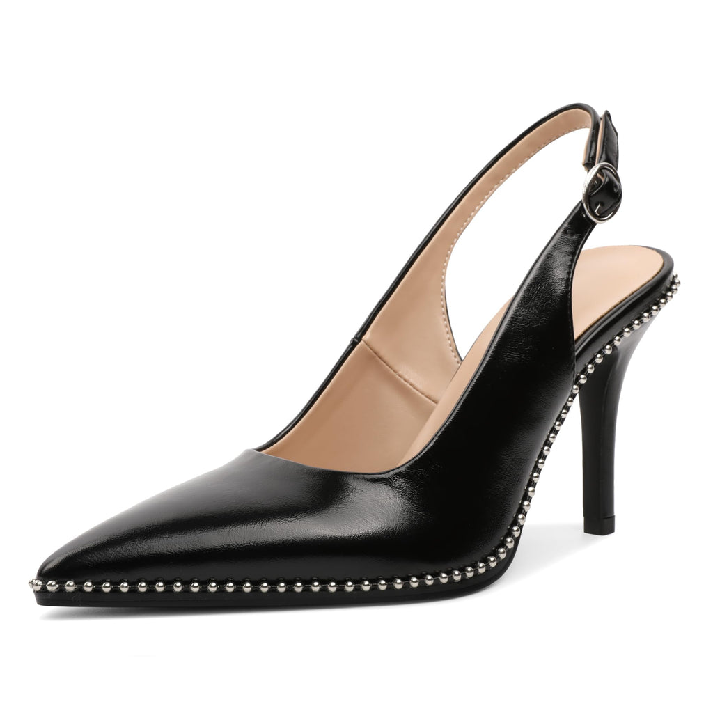 Zamikoo Women Beaded Pumps High Heel Slingback Pointed Toe Slip On 3.5 Inch Stilettos Ankle Strap Adjustable Buckle Patent Leather US Size 5 -Size 13