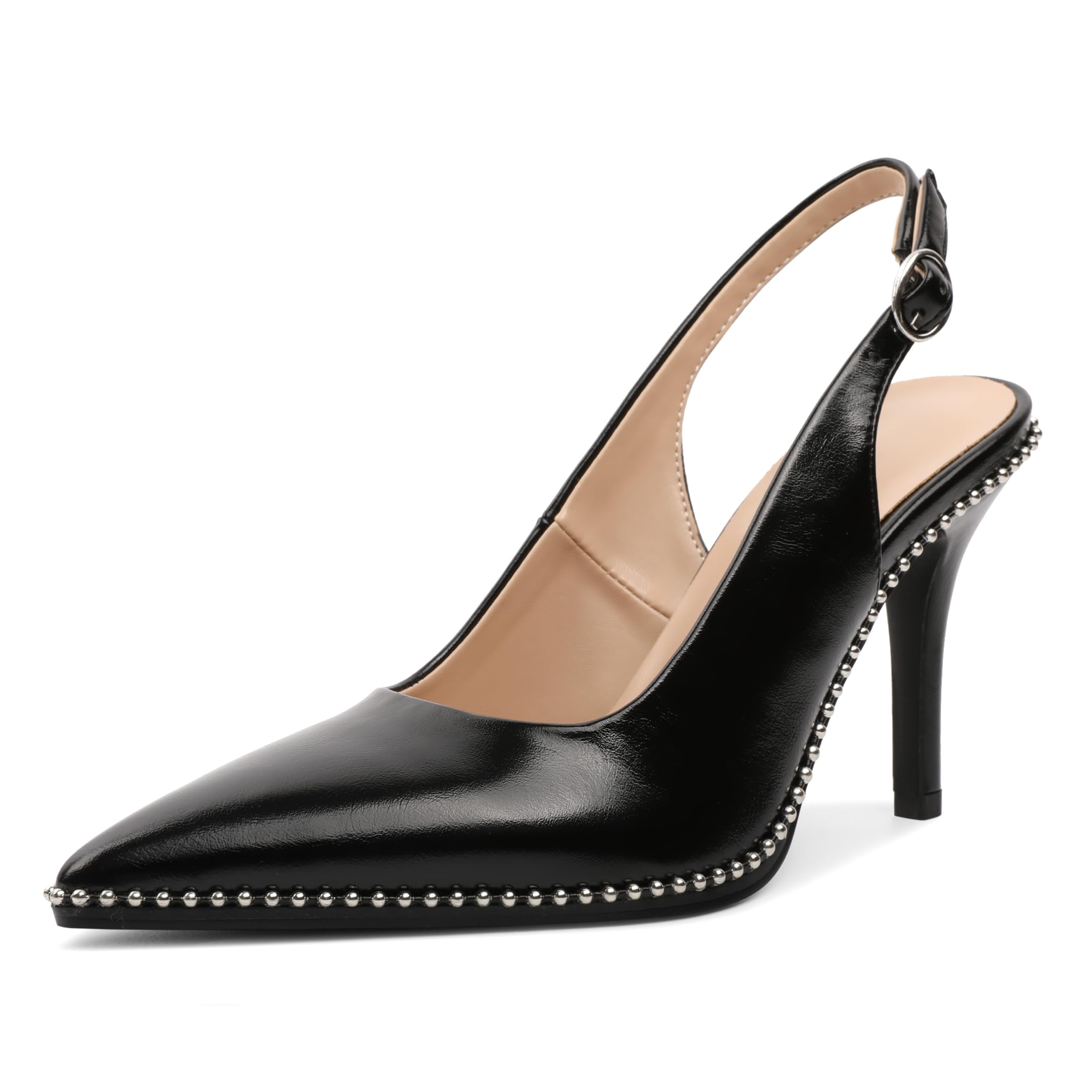Zamikoo Women Beaded Pumps High Heel Slingback Pointed Toe Slip On 3.5 Inch Stilettos Ankle Strap Adjustable Buckle Patent Leather US Size 5 -Size 13