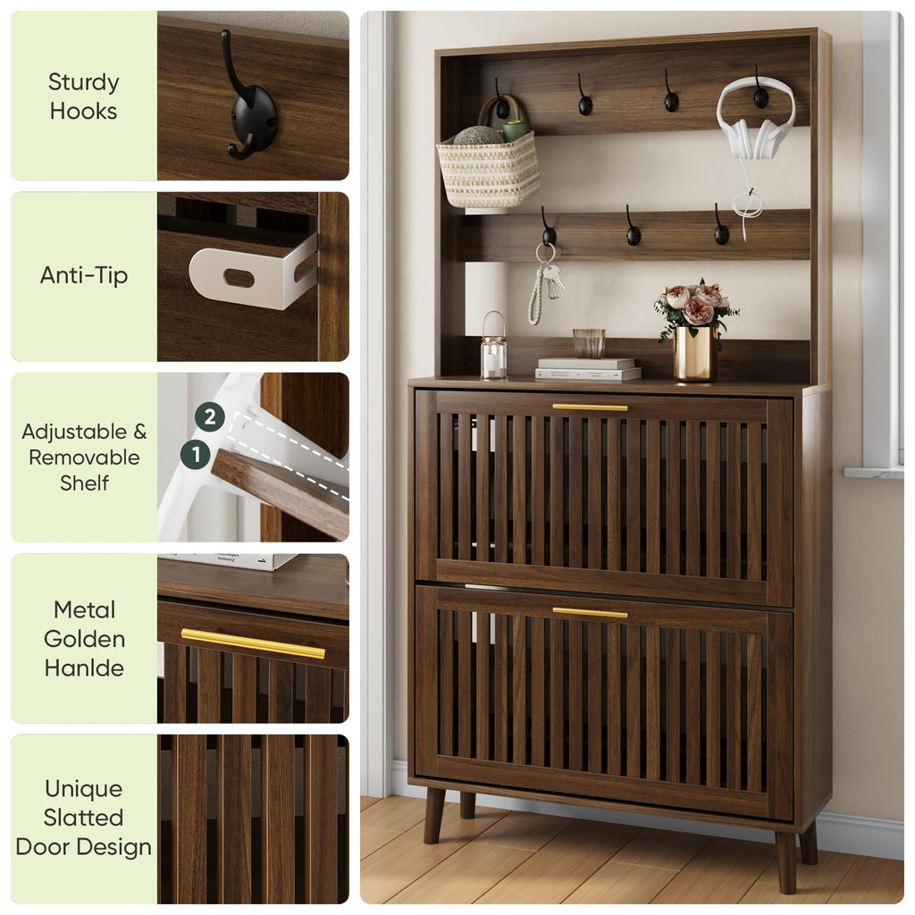 Smart FENDEE Shoe Cabinet with 2 Flip Slatted Drawers, Farmhouse Slim Shoe Organizer Rack with Golden Handles, Freestanding Hidden Entryway Storage for Hallway, Natural