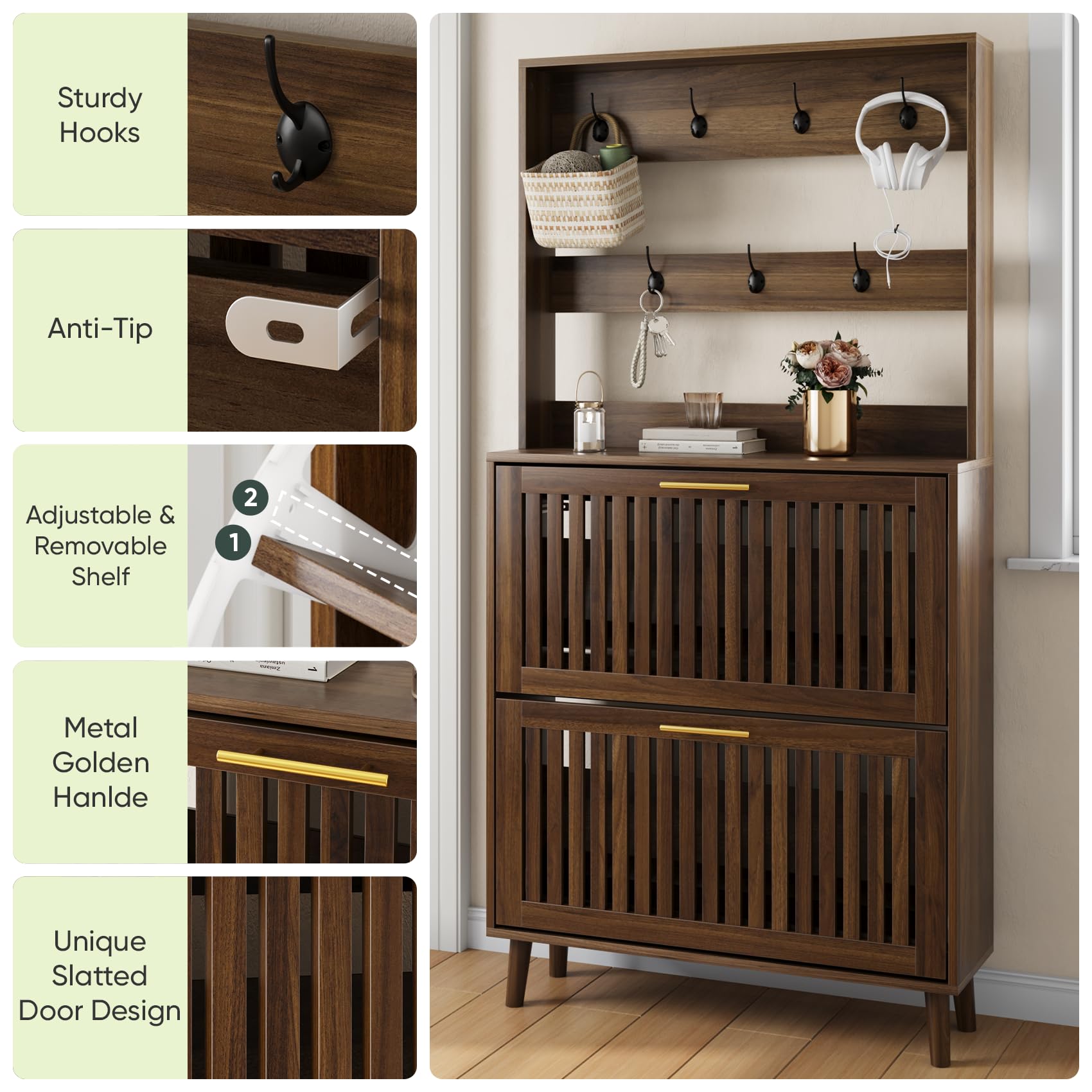 Smart FENDEE Shoe Cabinet with 2 Flip Slatted Drawers, Farmhouse Slim Shoe Organizer Rack with Golden Handles, Freestanding Hidden Entryway Storage for Hallway, Natural
