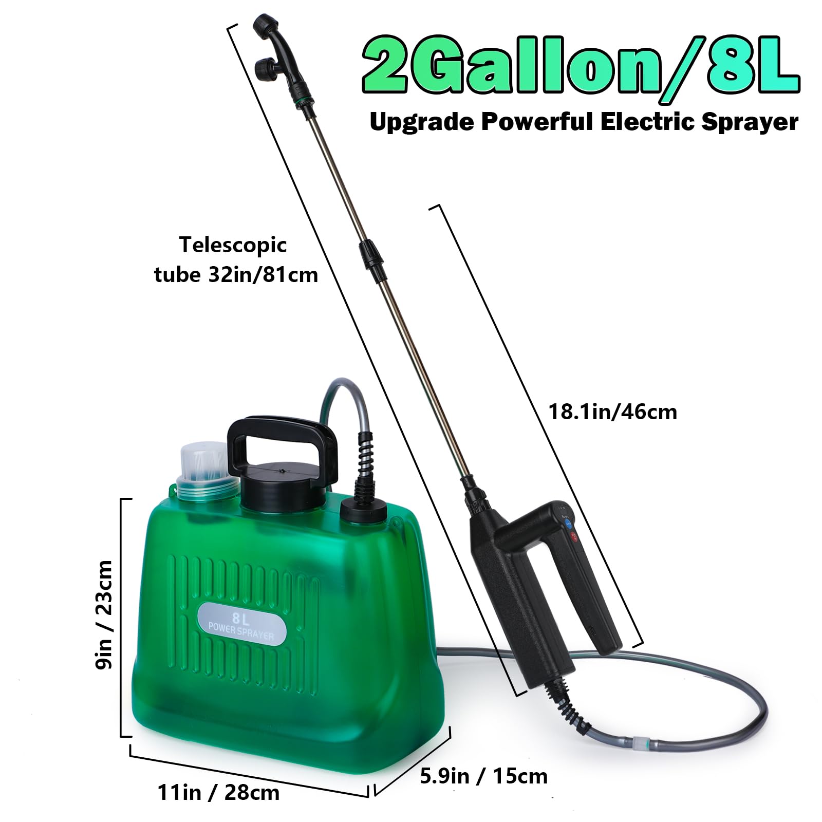 Battery Powered Sprayer 2 Gallon, Electric Sprayer with 4 Mist Nozzles, USB Rechargeable Handle, 32in telescopic Wand, Garden Sprayer with Adjustable Shoulder Strap for Lawn, Garden, Cleaning