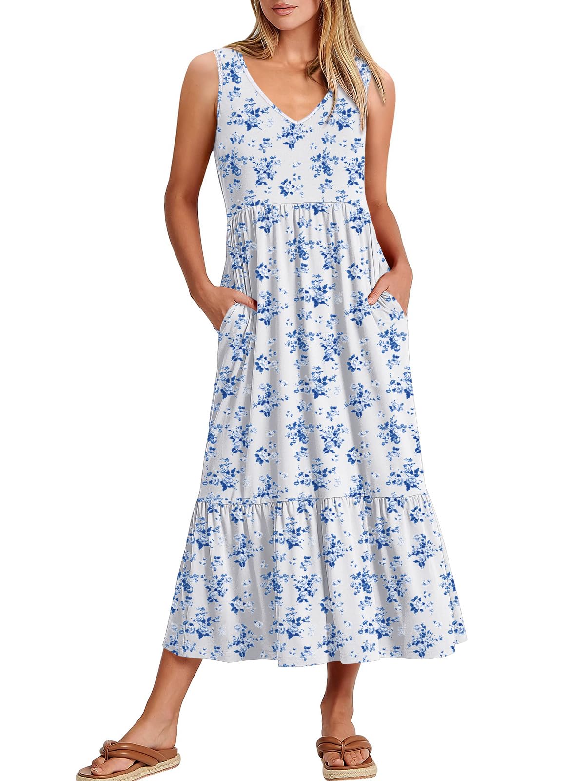 ANRABESS Women Summer Maxi Dresses A-line Tiered Flowy V Neck Sleeveless Swing 2026 Casual Beach Travel Sundress with Pockets