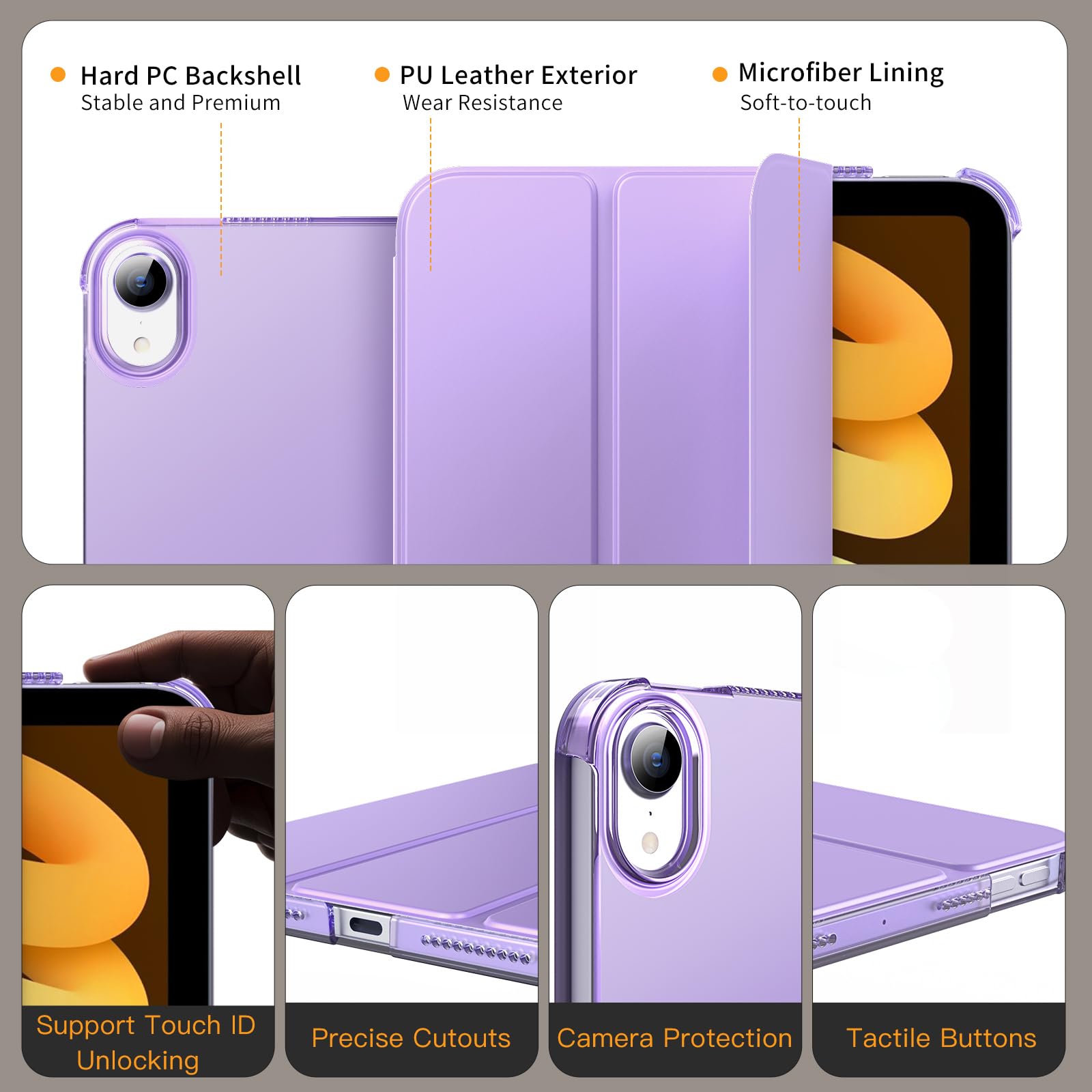 MoKo for iPad mini 7 (A17 Pro) Generation Case 2024, iPad mini 6 Case 2021, 8.3-inch Slim Lightweight Protective Hard Back PC Shell Stand Cover Support Touch ID, Auto Wake/Sleep, Grey Purple