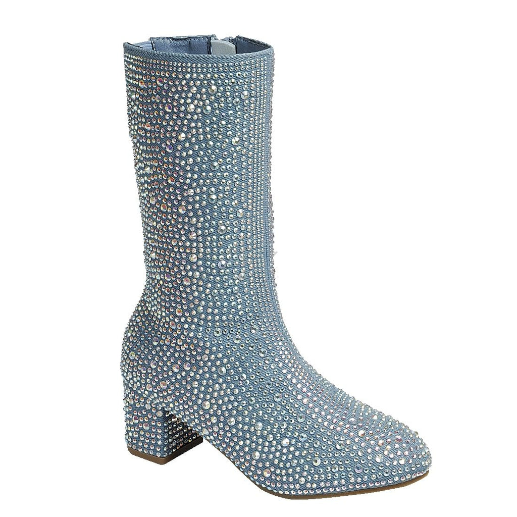 ABSOLEX Girl's Rhinestone Round Toe Knee High Chunky Low Heel Boot