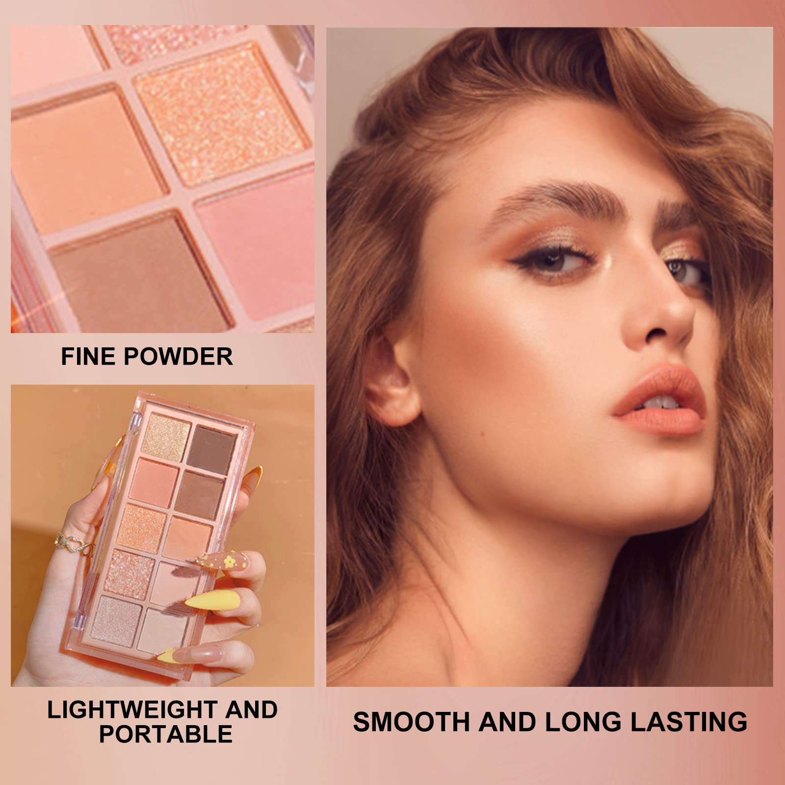 Erinde 10 Colors Eyeshadow Palette Makeup - Matte Shimmer Glitter Eye Shadow Korean Makeup, Ultra-Blendable, High Pigmented, Natural-Looking, Peach Brown Eyeshadow Pallet with Brush, Peach Color