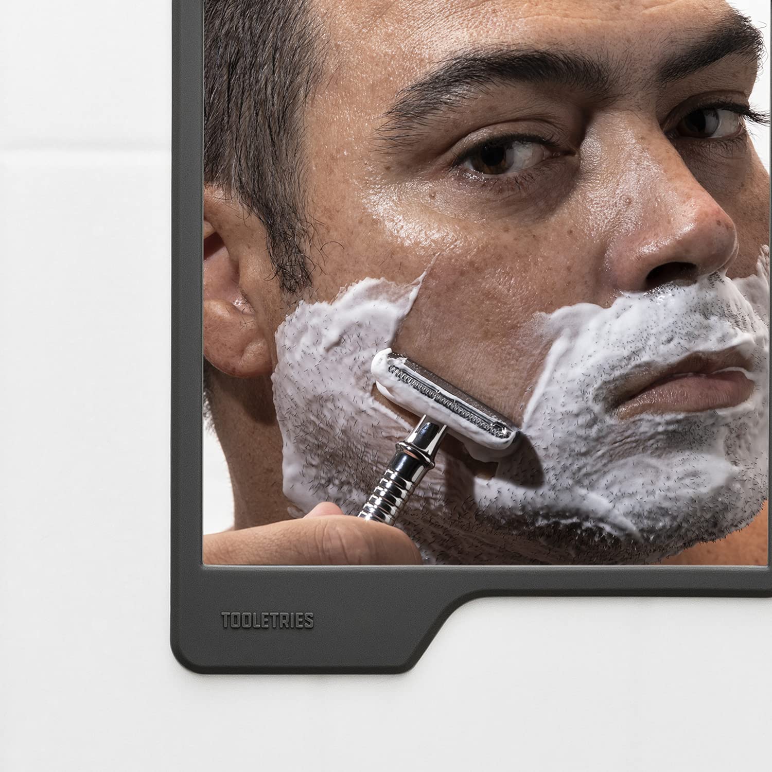 TOOLETRIES Oliver Premium Shower Mirror for Shaving, Fog-Resistant Bathroom Grooming Mirror, Clear View, Shatterproof, 100% Silicone, Easy Install, No Suction Cups, Removable & Reusable - Charcoal