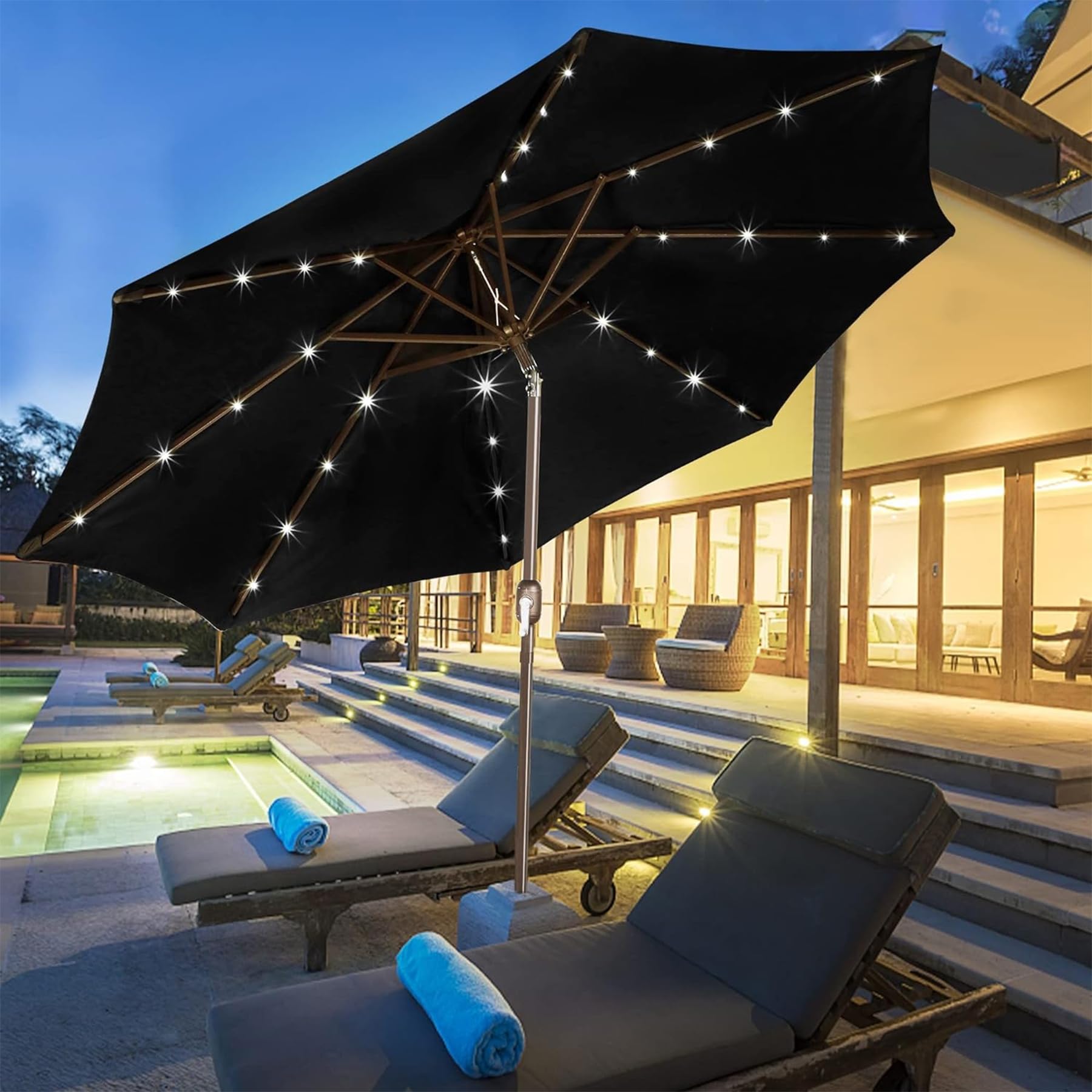 Blissun 9 ft Solar Umbrella, 32 LED Lighted Patio Umbrella, Table Market Umbrella, Outdoor Umbrella for Garden, Deck, Backyard, Pool and Beach (Light Blue)
