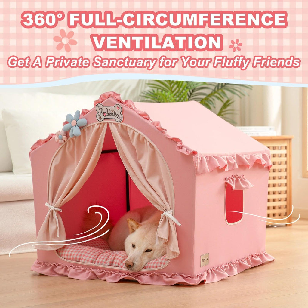 Jiupety Indoor Dog House with Frame, Cute Dog Tent Bed with Cover Cave, Breathable, Washable, and Foldable House, Suitable for 10-20 Lb Puppy and Cats, Medium (17"×17"×17"), Beige