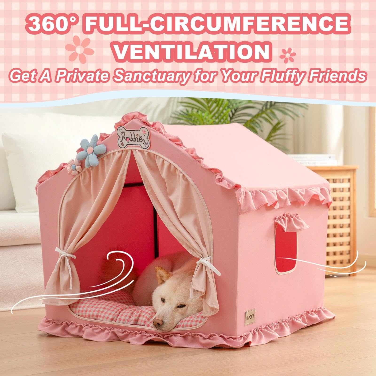 Jiupety Indoor Dog House with Frame, Cute Dog Tent Bed with Cover Cave, Breathable, Washable, and Foldable House, Suitable for 10-20 Lb Puppy and Cats, Medium (17"×17"×17"), Beige