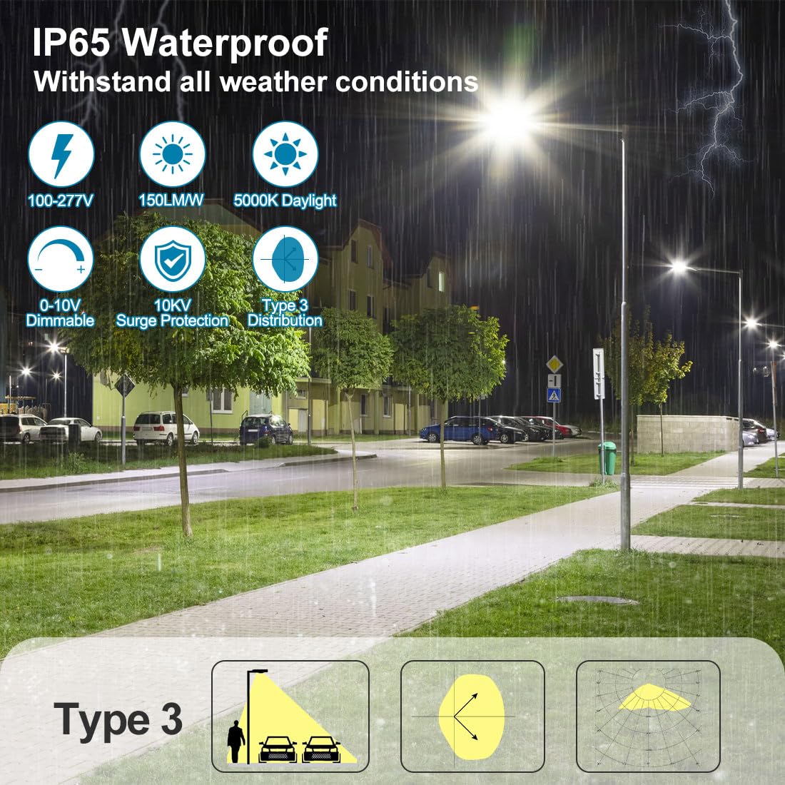150W LED Parking Lot Light with Photocell, Outdoor Dimmable LED Pole Lights with Slip Fitter & Arm Mount in 1, 22500LM 5000K 100-277V IP65, 150W/100W/80W Power Tunable, ETL